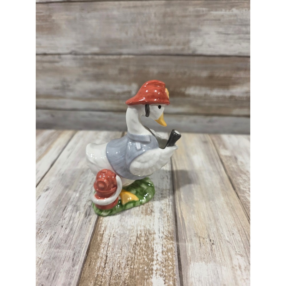 Enesco Firefighter Duck Ceramic Figurine Red Helmet Gray Vest Hydrant Green Base